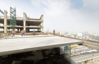 Precast hollow core slab floor under construction in Galaxy office building, Hyderabad, India