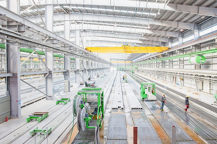 Precast plant in Iraq, hollow core concrete slab production on an Elematic production line