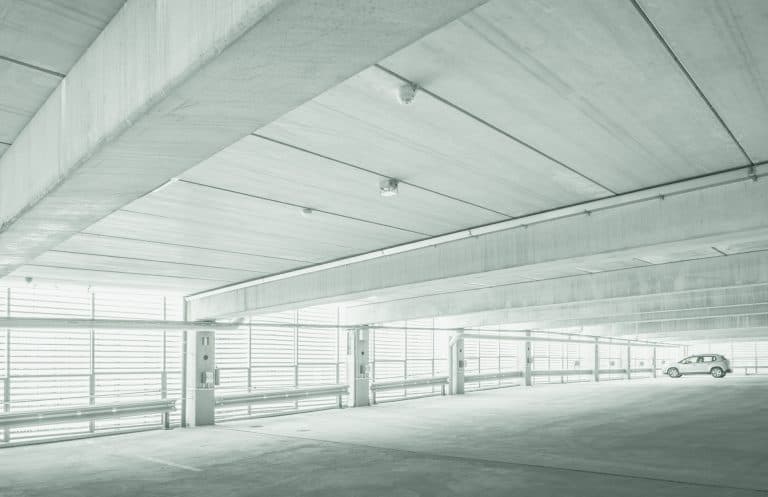Precast floors, beams and columns in use in a parking house in Finland