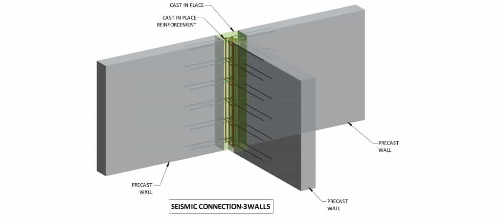 Precast joint for seismic area: wall connection, 3 walls