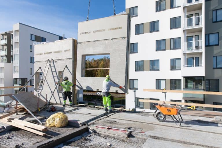 Precast wall panel installation at Vantaan Sokerikoivu construction site in Vantaa, Finland.