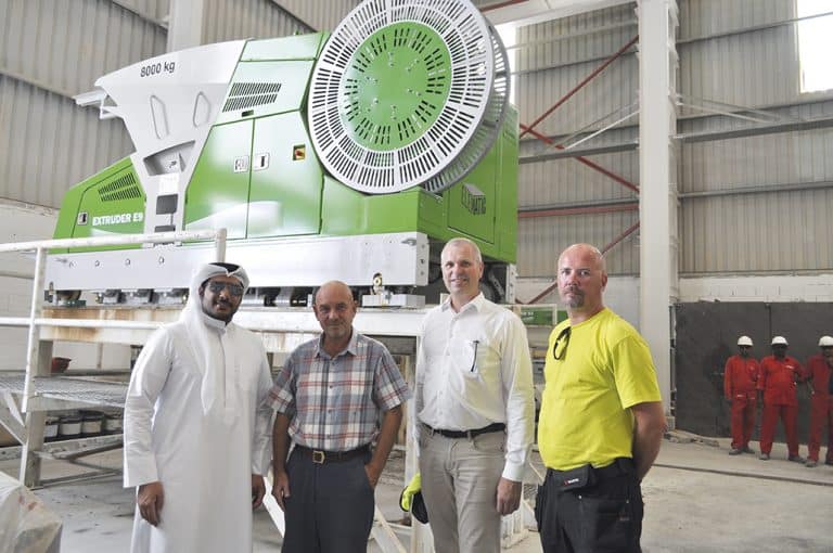 Taking a tour of RedX's factory (pictured from the left): Sheikh Ali Khalifa, Managing Director, RedX Industries; Martyn Pawson, Operations Manager, RedX Industries; Curt Lindroth, Area Director, Elematic; Kari Vainio, Installation Supervisor, Elematic.