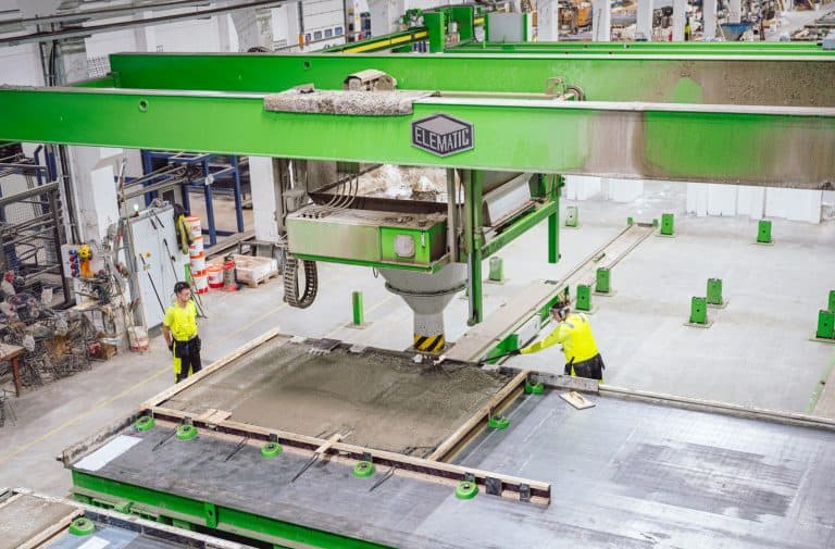 Casting on a wall production line at Santalan betoni precast wall plant in Finland.