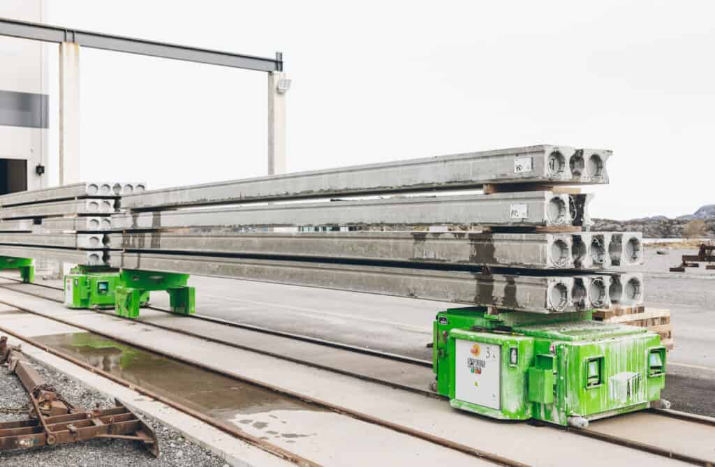 Automatic hollow core slab transportation at Contiga precast plant in Norway