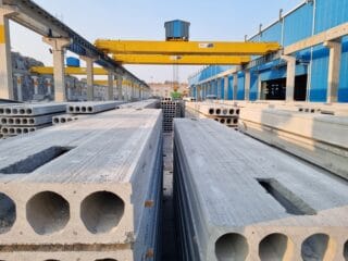 Hollow core slabs in a stockyard at My Home precast plant, ready to be delivered to the mega precast project Grava.