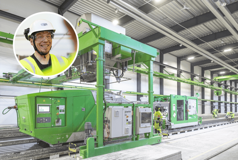 Hollow core precast plant with product director Jani Eilola.