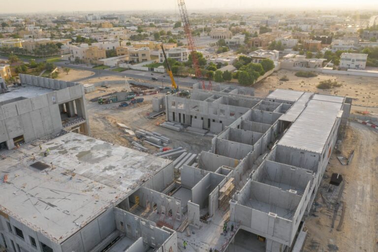 Installed hollow core slabs at a construction site.